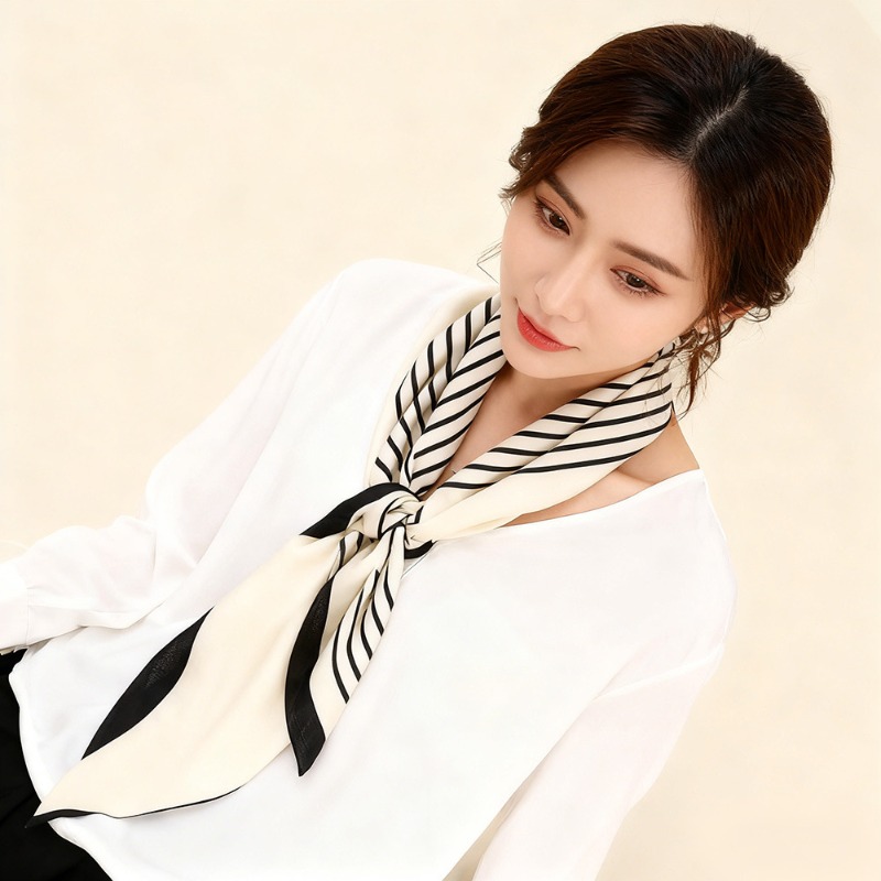 Écharpe en soie 100% à rayures géométriques noires et blanches pour femmes, foulard carré en satin de luxe, bandeau multifonctionnel, accessoires pour sac