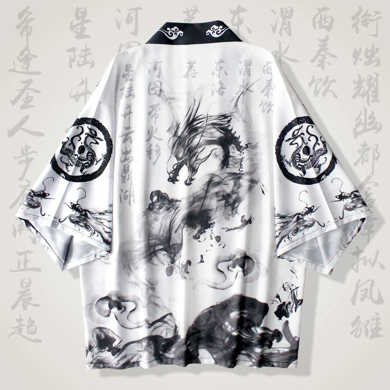Kimono japonais pour femmes, vêtements traditionnels japonais, imprimé Dragon à l'encre, Cardigan d'été de haute qualité, demi-manches, ample et confortable