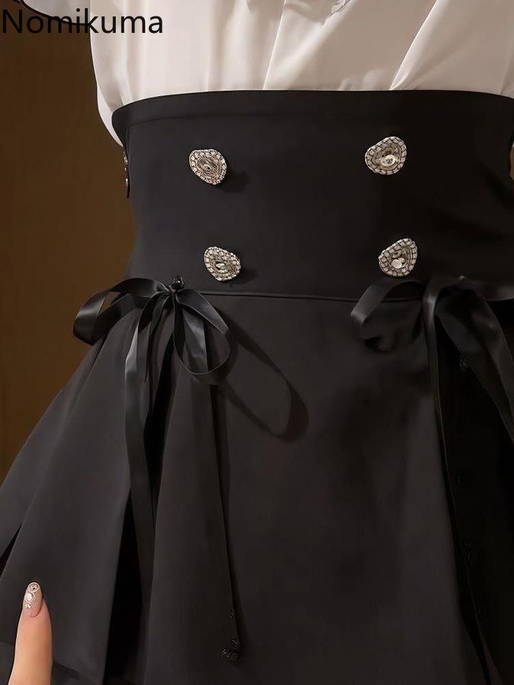 Vêtements japonais pour femmes, ensemble 2 pièces, chemisier à manches évasées avec nœud, taille haute, jupe plissée trapèze, costume de tempérament, tenues d'été
