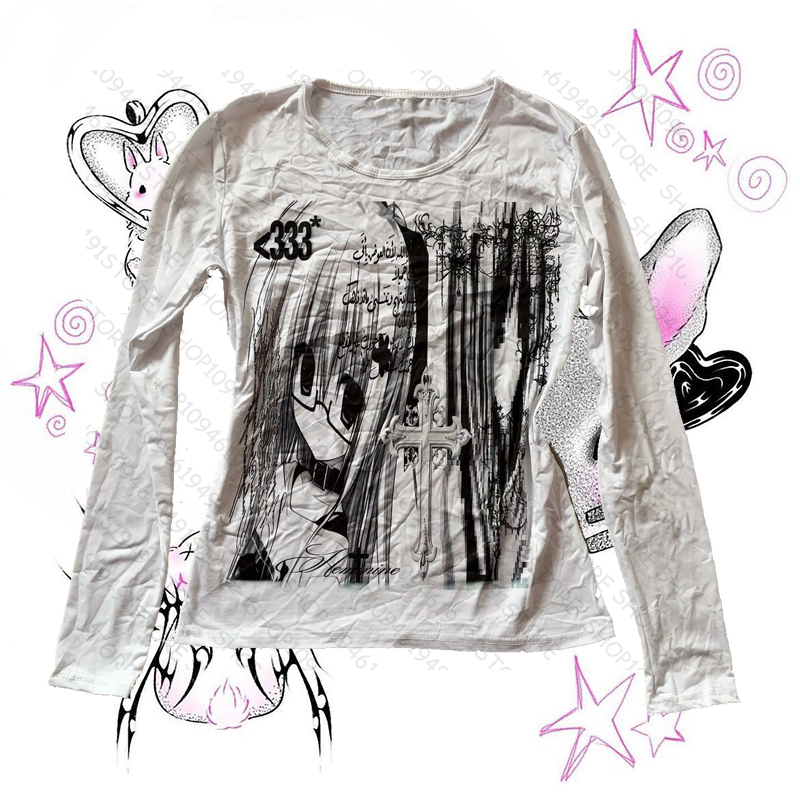 Vêtements Grunge pour femmes t-shirts graphiques Y2k hauts Shoujo fille Style vêtements femme 90s vêtements Vintage à manches longues femmes recadrées
