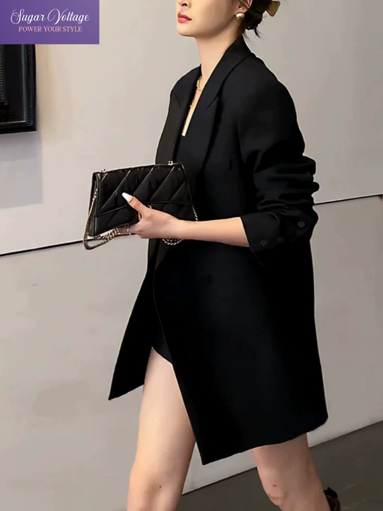 Mode coréenne élégant coupe ajustée Blazer manteau femmes col en v à manches longues Double boutonnage décontracté noir manteau bureau Style Blazers