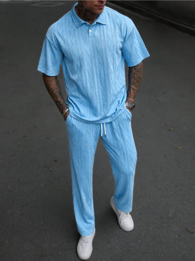 Ensemble 2 pièces tricoté pour hommes, nouvelle mode décontractée, tendance, couleur unie, manches courtes, col rabattu, T-shirts, pantalon droit ample