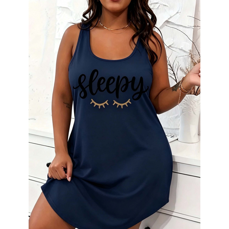 Vêtements de nuit décontractés pour femmes grandes tailles, robe de nuit droite à col rond et ourlet incurvé avec imprimé lettres, vêtements d'intérieur frais d'été pour grandes tailles
