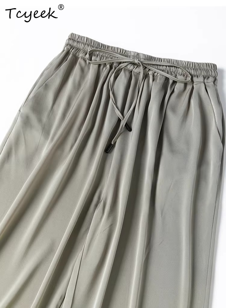 Pantalon en Soie de Mûrier Véritable à 93% Tcyeek pour Femme, Taille Élastique, Jambes Larges, Vêtement Décontracté, Collection 2026, Meilleure Vente