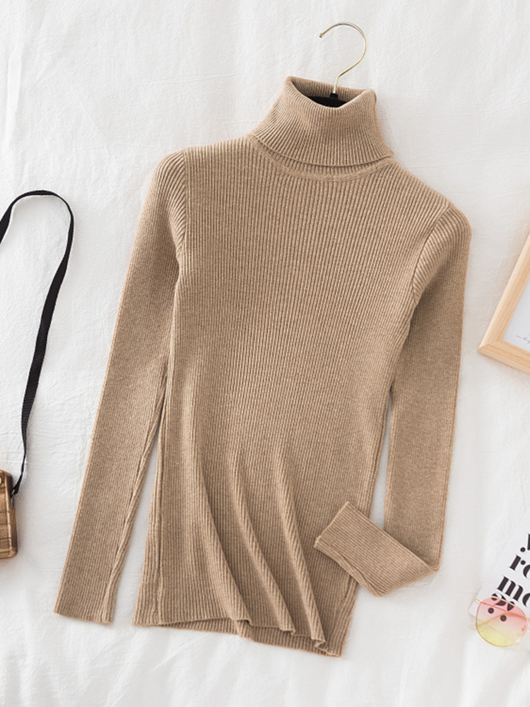 Mode coréenne col roulé femmes automne hiver pull pull basique solide décontracté mince Stretch côtelé haut tricoté femme chandails