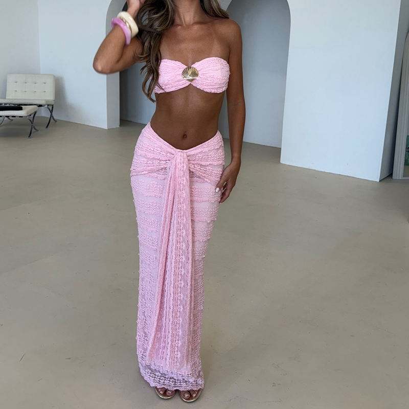 Tenues coquettes pour femmes, été, coquillages, bandeau sans bretelles, crop top + jupe longue à nouer devant, ensemble sexy 2 pièces, vêtements de plage pour soirée en club