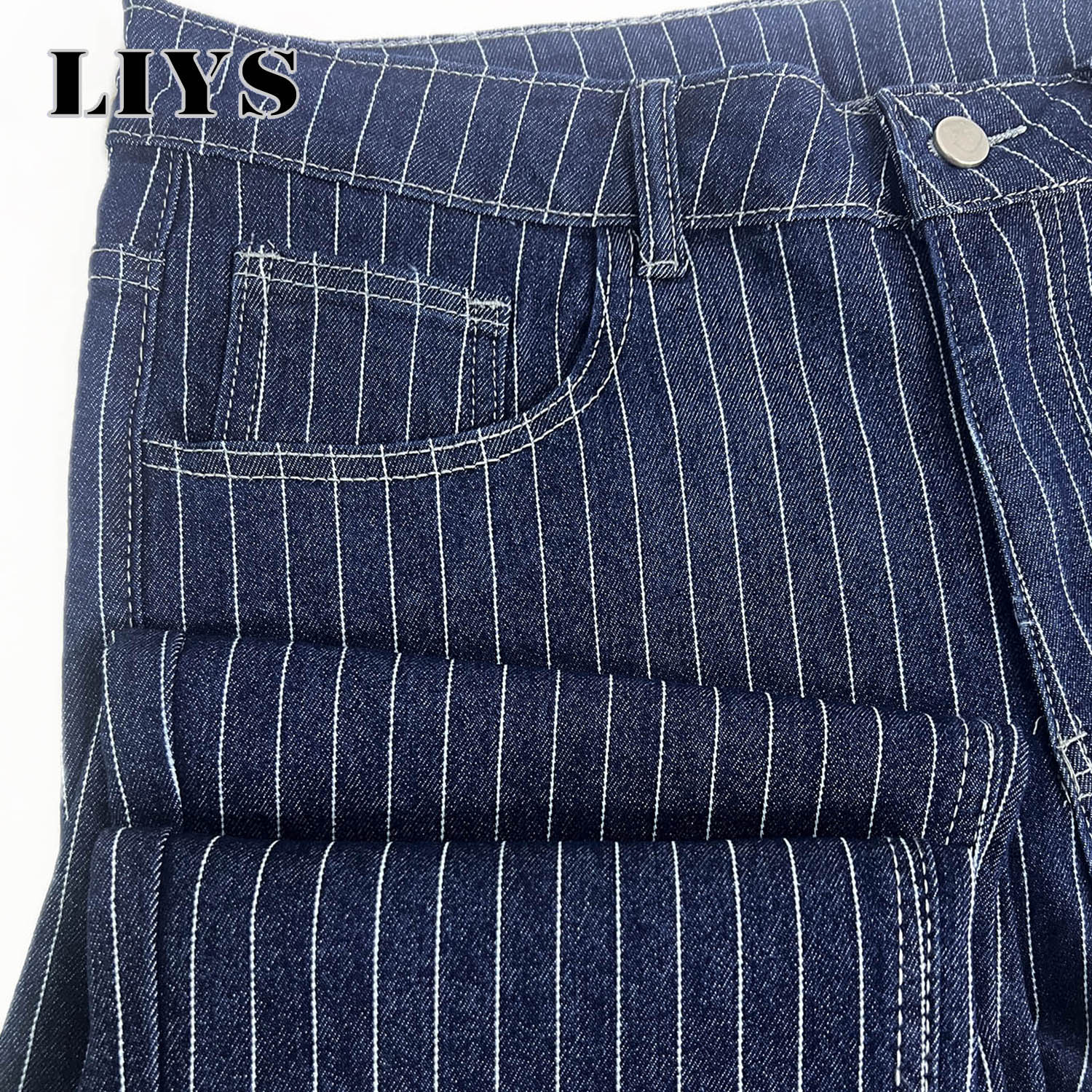 Jean slim jacquard rayé bleu et blanc LIYS, coupe droite élastique, style décontracté chic pour le bureau et les trajets quotidiens ﻿