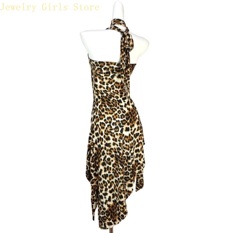 E56f Femmes Couc licou hors épaule ouverte Robe soirée à l'arrière Leopard Imprimé extensible sans manches corpus