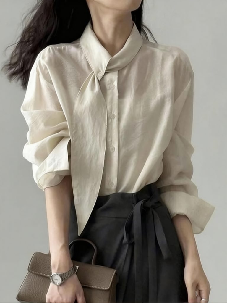 Chemise blanche élégante à col noué de style coréen pour femme, chemisier de travail de créateur à manches longues, chemisier décontracté basique à boutons, nouvelle collection printemps