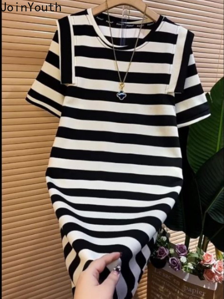 Robes rayées pour femmes, mode décontractée coréenne, manches courtes, col rond, Robe surdimensionnée, été, 2025