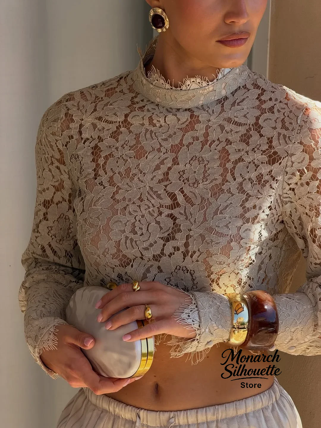 Ensemble 2 pièces pour femme, bleu, col semi-montant, haut en dentelle, pantalon à taille élastiquée avec cordon de serrage et fente arrière, style blouses, pour usage quotidien