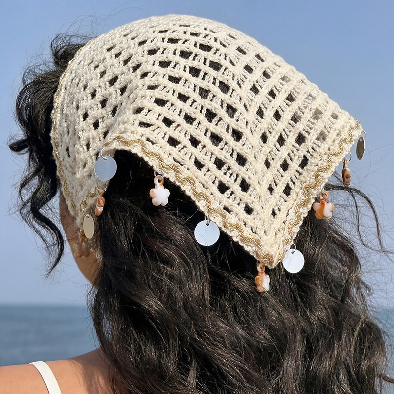 1 foulard bohème à sequins en forme de coquillage – Bandeau triangulaire ajouré pour un look bohème quotidien.