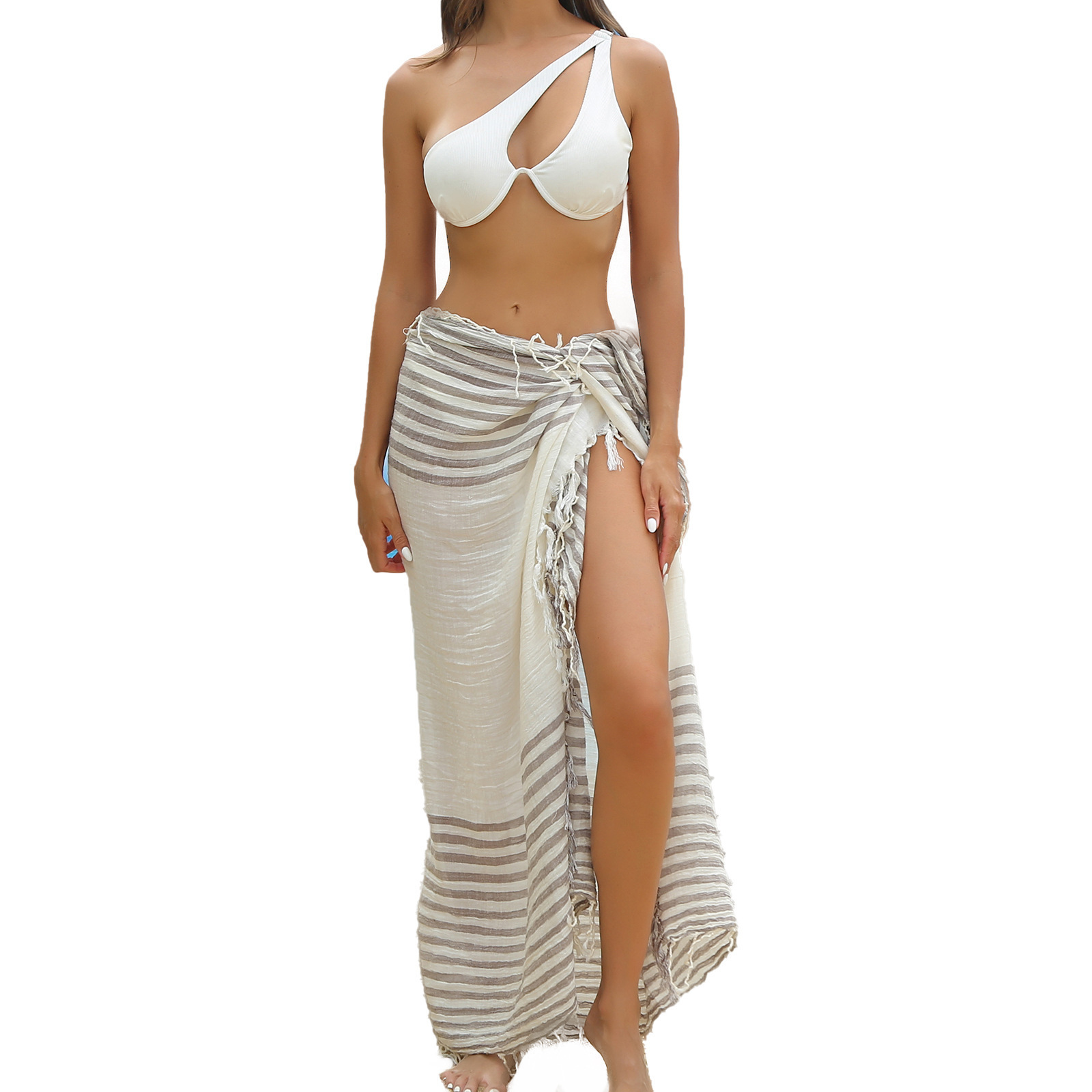 Crème solaire serviette de plage jupe chemisier nouveau bambou coton Sarong rayé frangé Bikini Blouse