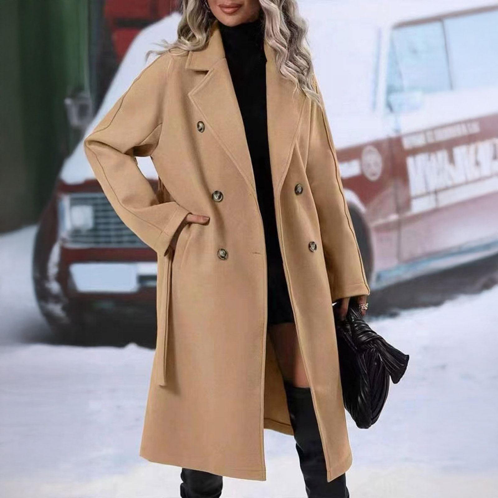 Manteau coupe-vent décontracté pour femme, Trench-Coat élégant en laine avec ceinture, pardessus Double boutonnage pour l'automne et l'hiver
