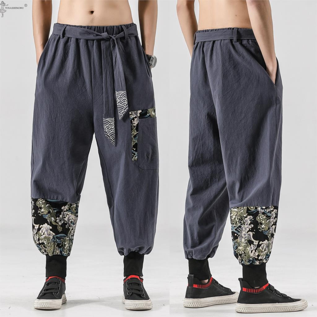 Costume de samouraï en coton et lin pour hommes, kimono japonais, ceinture imprimée Ukiyo-e, sarouel rétro, Haori Baggy, fjHarajuku, Hip Hop