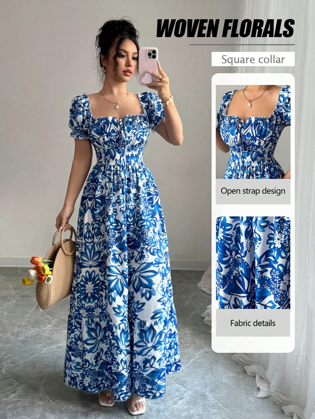 Robes décontractées pour femmes, robe à manches bouffantes à imprimé floral, robe à nouer devant, robe bohème, robe de vacances, robe de plage, robe de pique-nique, robe de soirée, robe d'été