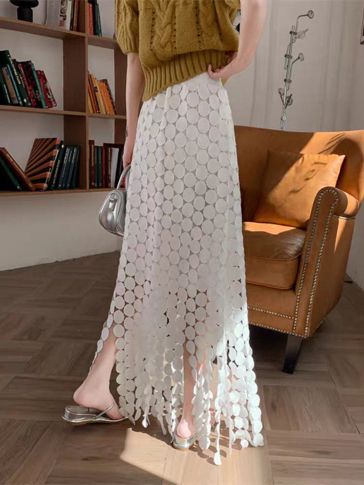 Jupe trapèze taille haute pour femmes et filles, garniture à pampilles ajourée, coupe cintrée, Midi, Style français, jupes d'automne 2025