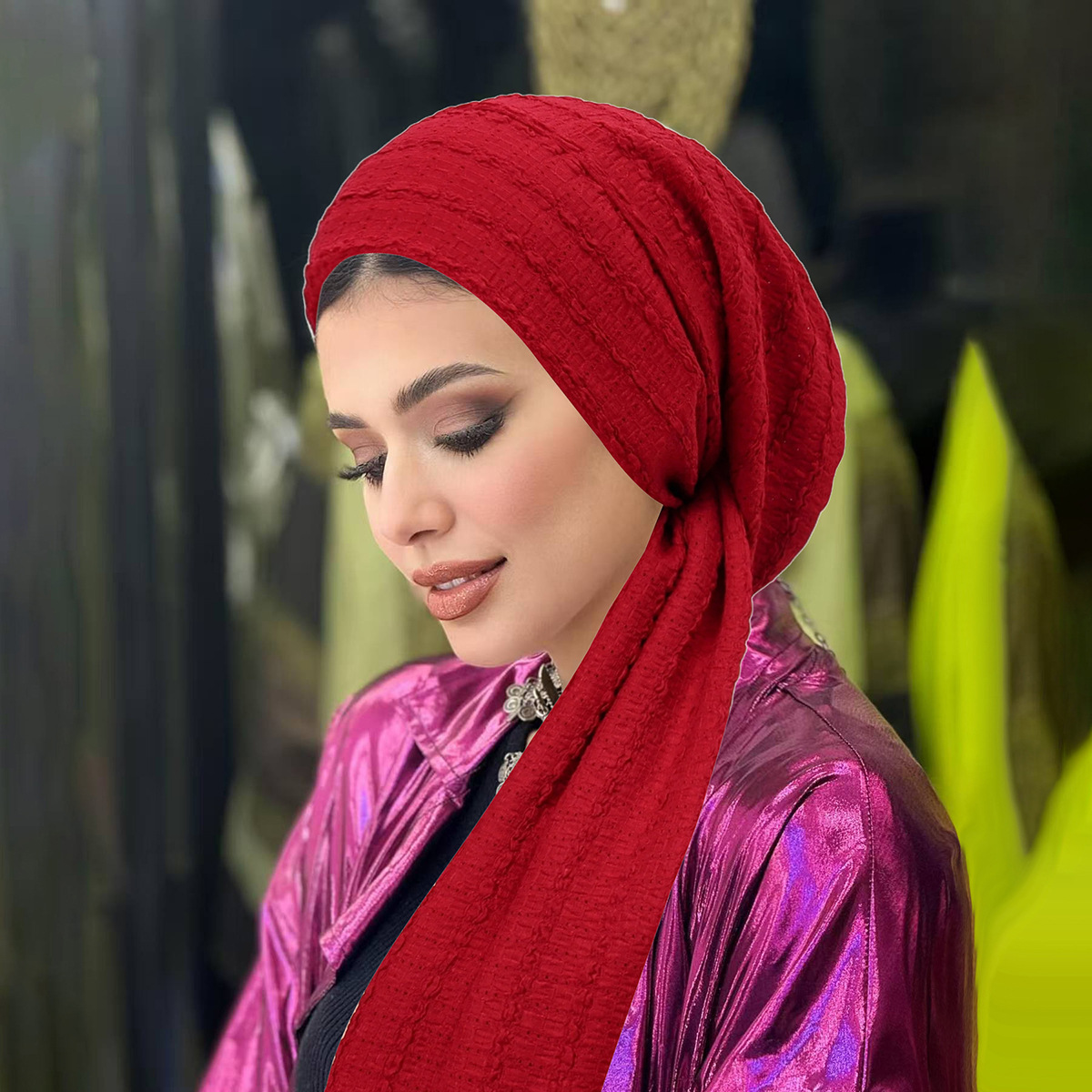 Chapeaux Hijab Turban Plissé Couleur Unie Ramadan, Foulards à Longue Queue, Chapeaux Musulmans Extensibles Doux, Bonnets Chimio Respirants pour Femmes et Filles