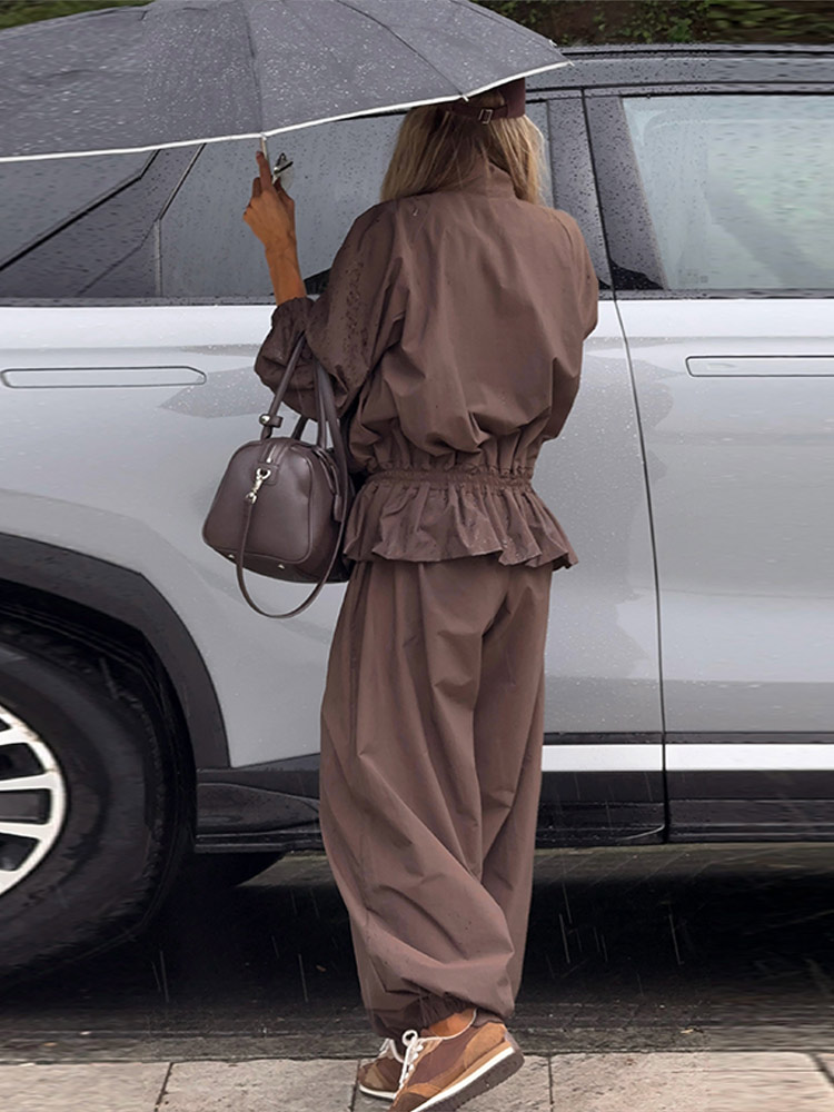 Ensemble pantalon et veste coupe-vent pour femme, survêtement deux pièces, haut court à col montant, pantalon large, style streetwear, collection printemps