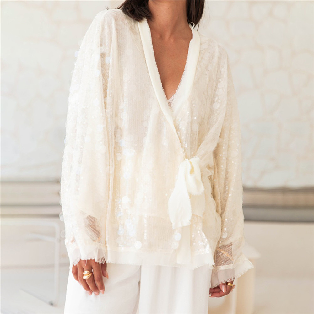 Cardigan à paillettes brillantes pour femmes, tendance, col en V, cravate sur le devant, manteau à manches longues, pull scintillant à la mode, Punk