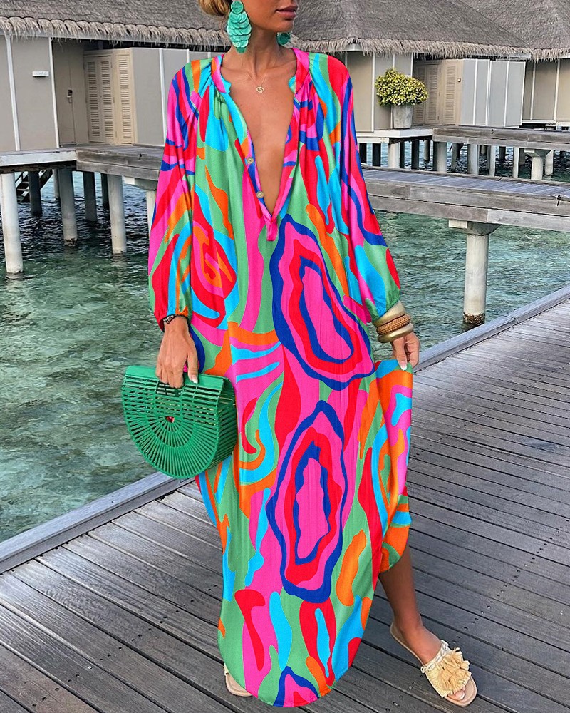 Robes élégantes pour femmes, décontractées, mode imprimée, col en v, ample, rétro, confortable, Maxi, été, 2023, S-XXXL
