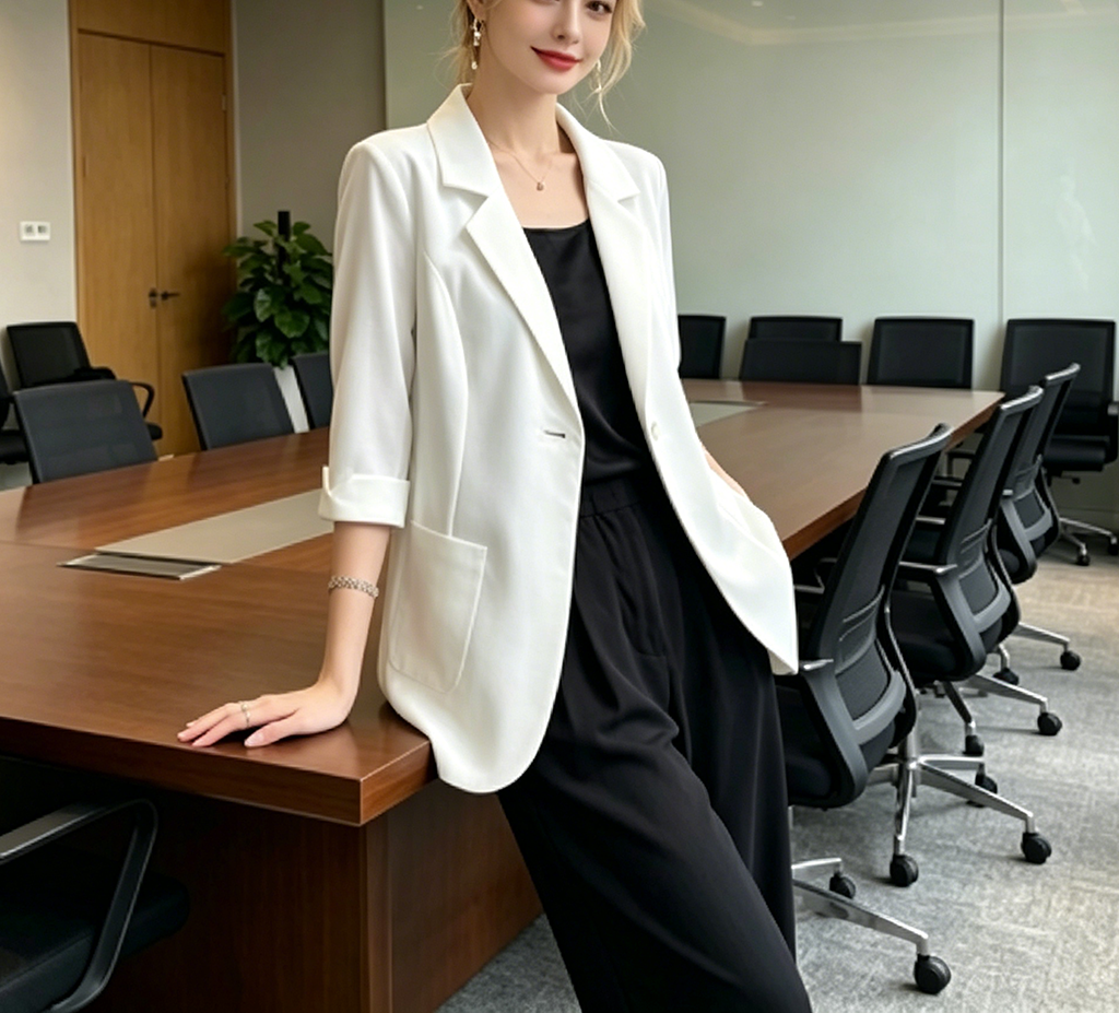 Blazer blanc à manches 3/4 pour femmes, veste de costume de bureau élégante, poche ample, vêtements de travail formels, décontracté pour dames