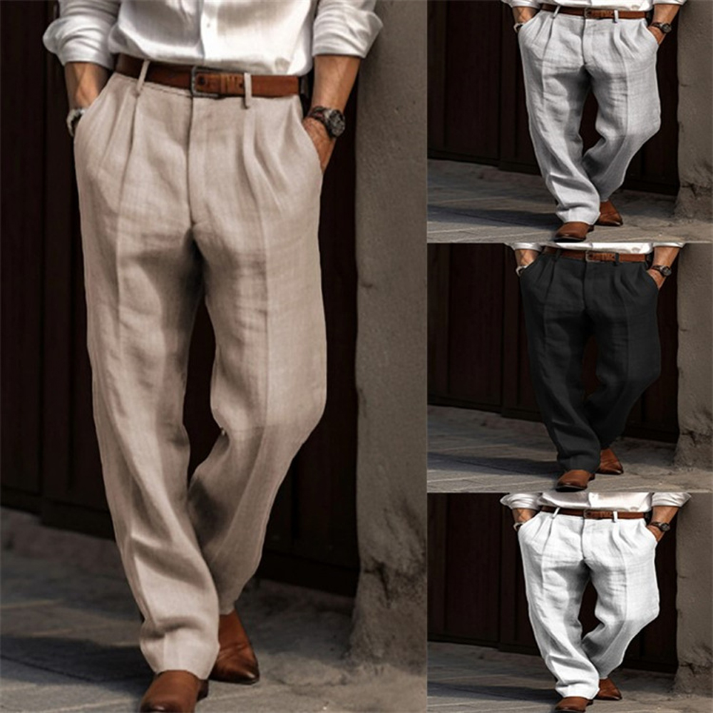 Pantalon ample en lin pour homme, décontracté, couleur unie, jambe large, surdimensionné, style plage, printemps YYCFS-20260324007
