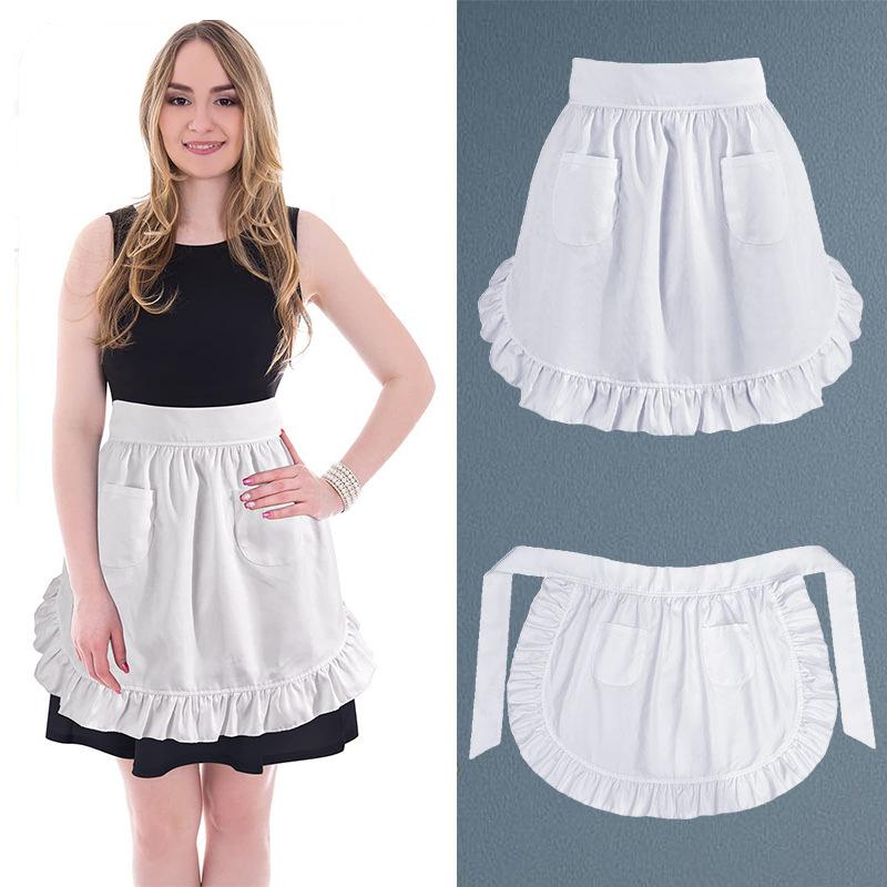 Tablier de cuisine court pour femme, style Lolita, sexy, en dentelle, noir et blanc, à bretelles, motif floral, pour café, maison et travail