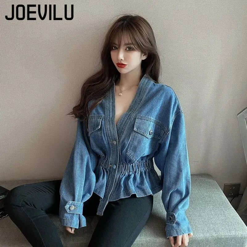 Veste en Jean Plissée à Col en V pour Femme, Manteau Slim, Mode Coréenne, Chemise Irrégulière Personnalisée, Denim Décontracté, Automne