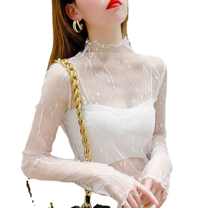 T-shirt en dentelle élégant pour femmes, hauts à manches longues en maille, Sexy, Transparent, col haut, chemises à bascule en dentelle noire, Punk