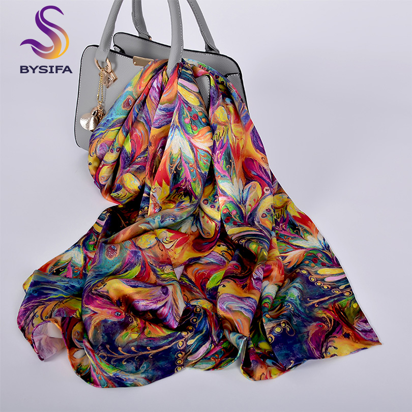 [BYSIFA] nouveau luxe Pure soie Foulard châle femmes printemps automne longues foulards dames marque 100% soie cou Foulard Foulard 175*52 cm