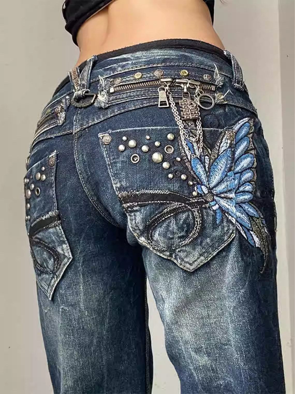 Jeans taille basse pour femmes, broderie punk, pantalon en denim de créateur, style japonais Abi Y2k Gyaru, jeans rétro américain, jean de haute qualité