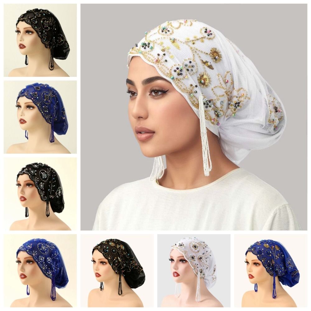 Turban à perles brillantes avec longues pampilles et broderie florale, foulard indien pré-noué à bord festonné, bonnet perlé tendance pour femmes