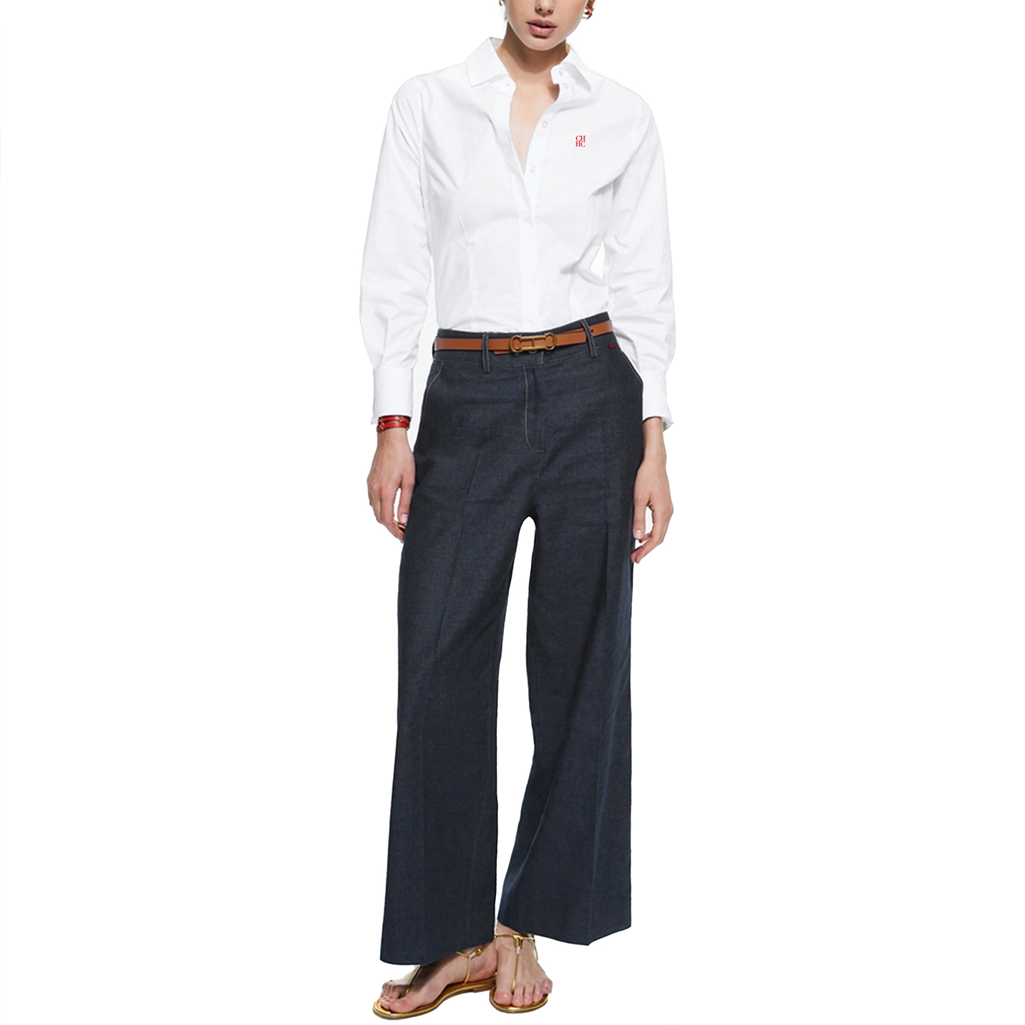 Vêtements pour femmes CH - Chemise blanche boutonnée pour femmes avec logo CHHC brodé, manches longues, décontractée, formelle, pour le bureau