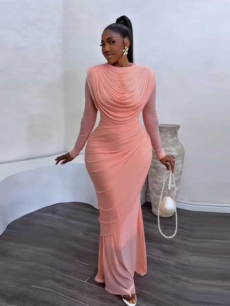 Robe de soirée chic et élégante pour femme, col drapé en maille, manches longues, robe moulante mi-longue, taille haute, robe sexy pour femme