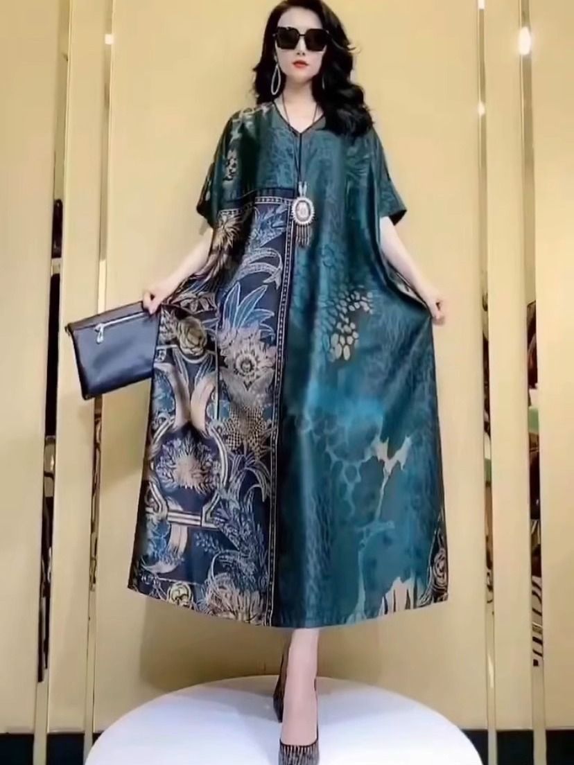 Robe d'été en soie de mûrier grande taille haut de gamme, élégante, col en V, style rétro, vert, pour femme