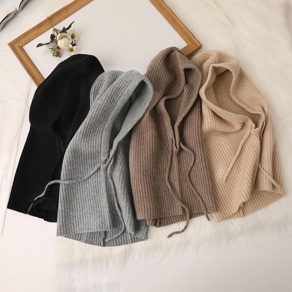 Écharpe à capuche tricotée chapeau cagoule en tricot coréen extérieur écharpe à capuche chaude avec cordon réglable Protection des oreilles bonnets casquette
