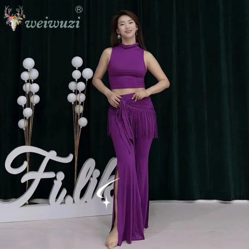 Ensemble de costumes de danse du ventre pour femmes, vêtements de pratique doux et confortables, haut + pantalon, chaîne de taille, 3 pièces, tenue d'entraînement de danse de groupe orientale