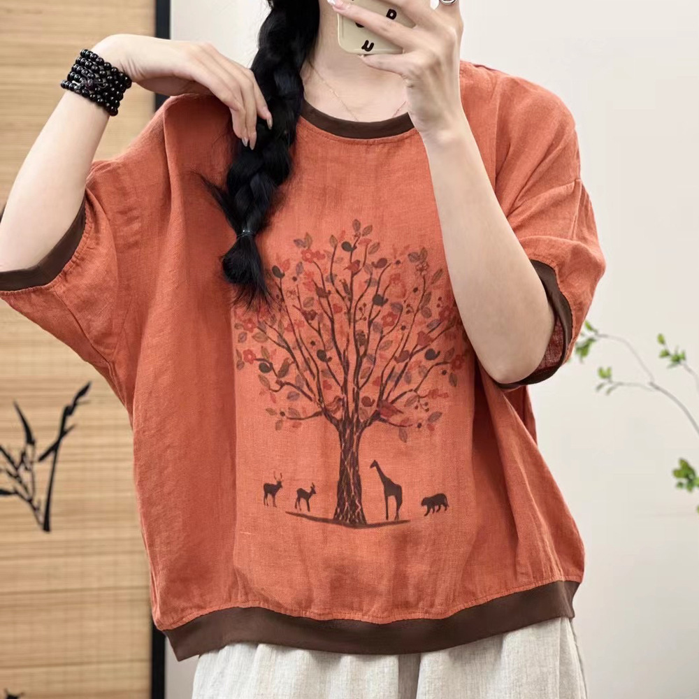Chemise à manches courtes pour femmes, style japonais, vintage, coton, lin, imprimé d'arbre, t-shirt, grande taille, médicaments, chic, chemisier femme, ample