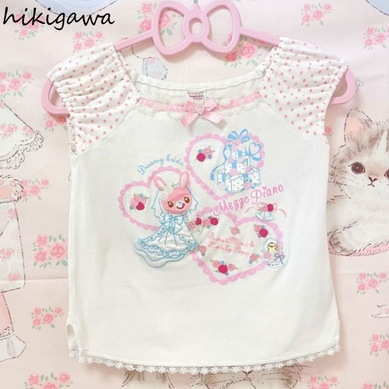 Été femme T-shirt mignon Y2k culture hauts 2025 Ropa Mujer japonais doux Camisetas à pois broderie décontracté mode t-shirts