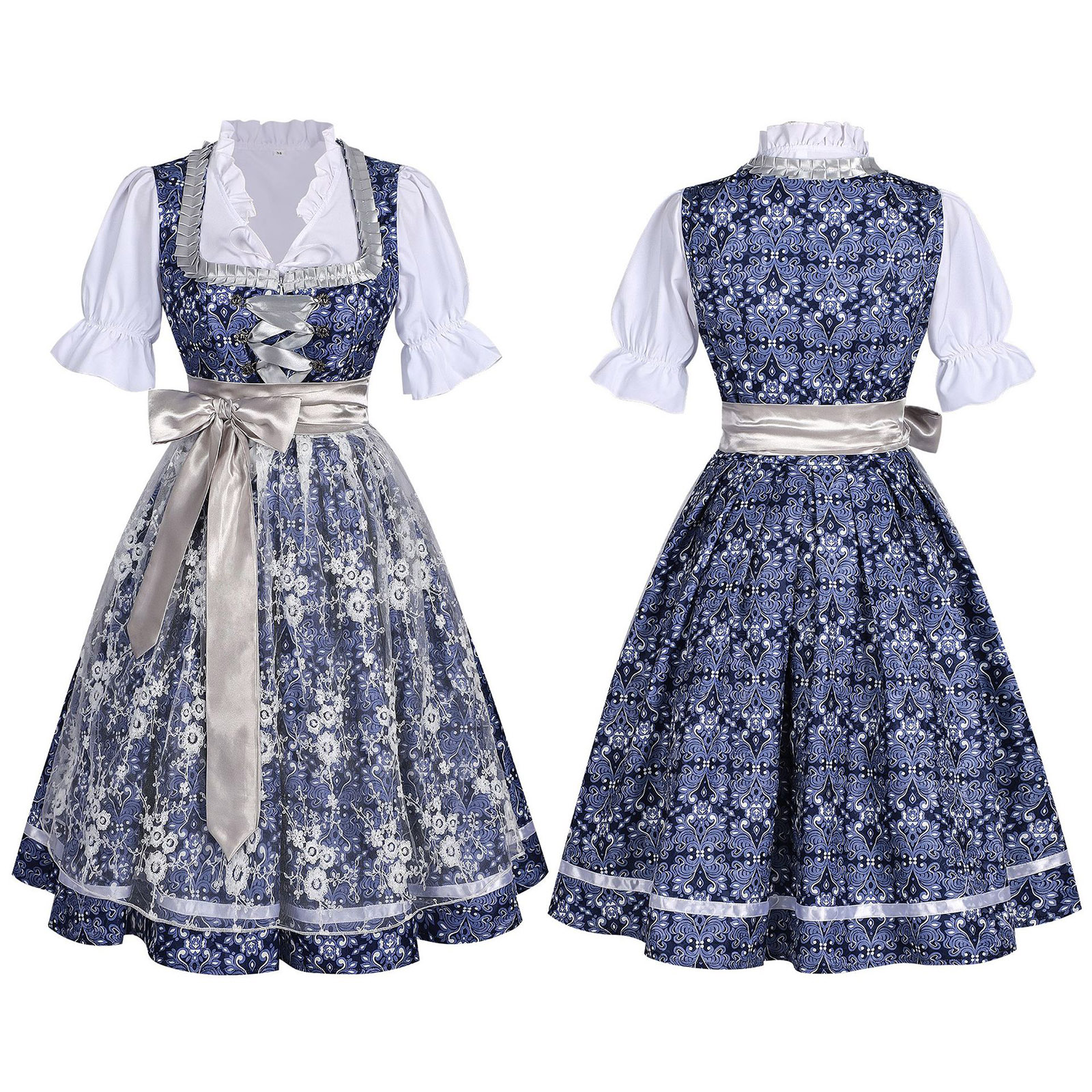 Robe Dirndl pour femme, costume de serveuse d'Oktoberfest, ensemble 3 pièces, tablier, chemisier à manches courtes, nœud devant, tenue de fête bavaroise pour festival de la bière, bar