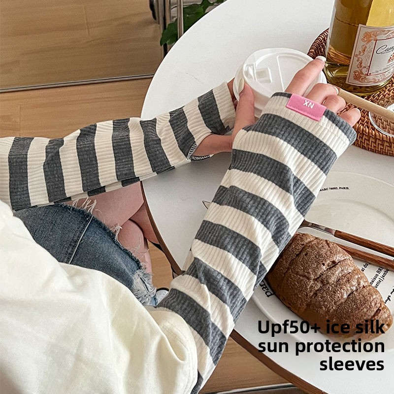 Manches de protection solaire d'été pour femmes en soie glacée, amples, anti-UV, à rayures tendance pour la conduite