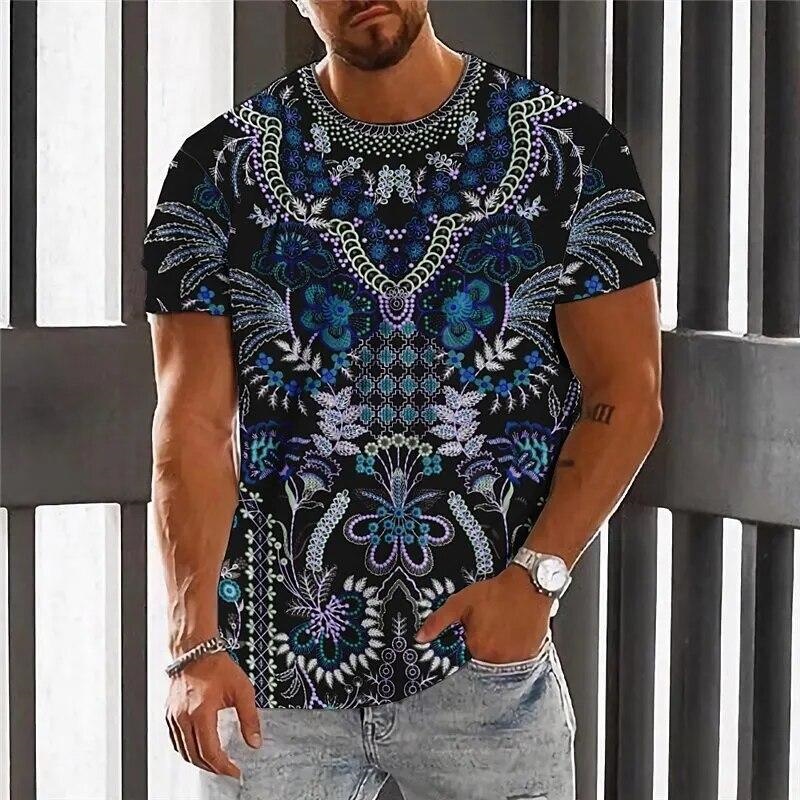 T-Shirt de luxe à motif rétro pour hommes, imprimé ethnique coloré en 3D, manches courtes, surdimensionné, hauts de rue, t-shirts de sport, été