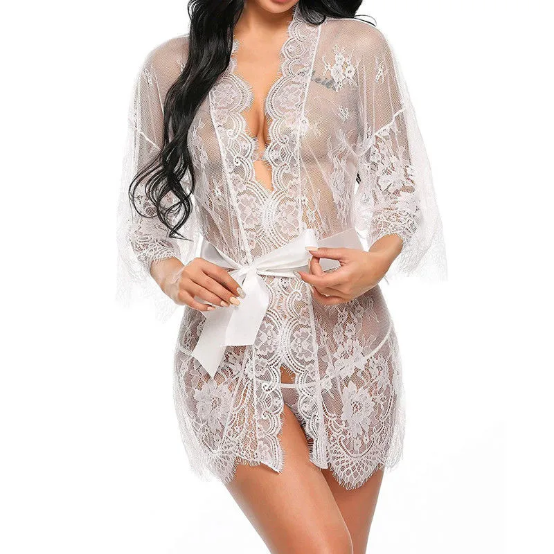 Lingerie sexy pour femmes, robe de nuit transparente en dentelle à col en V, babydoll, robe de nuit, string, costume kimono, vêtements de nuit