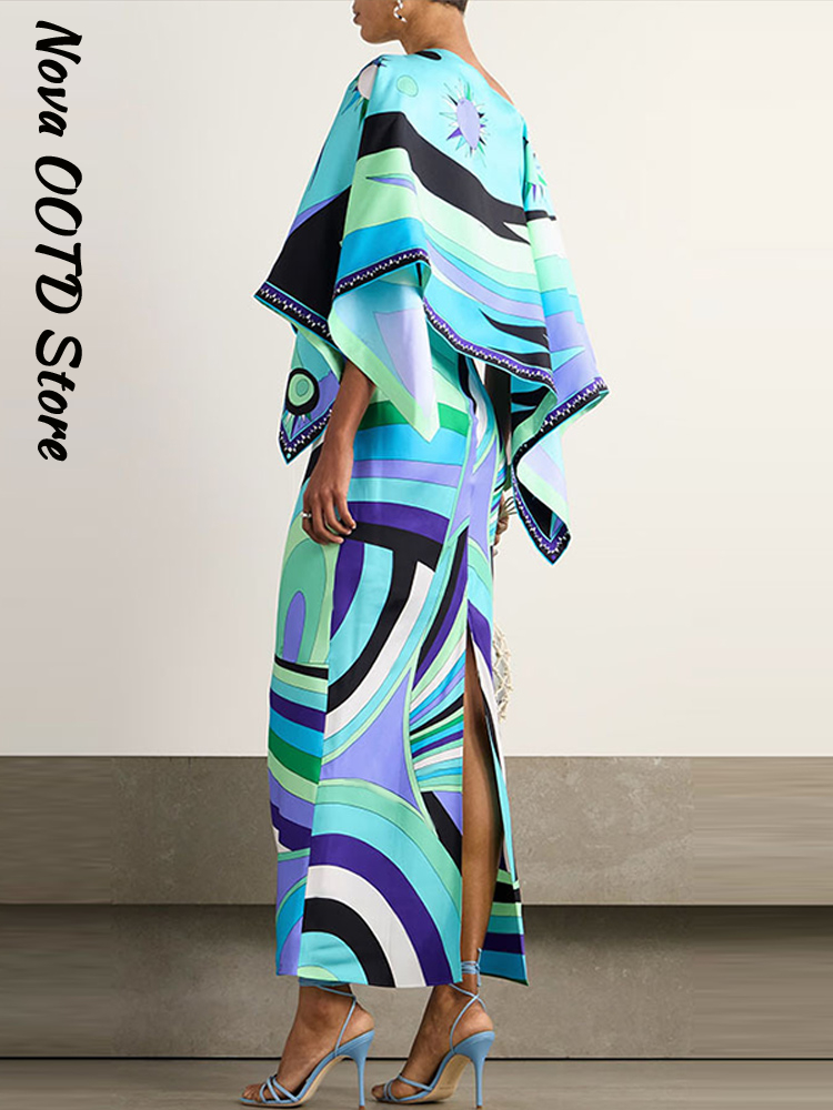 Robe élégante imprimée style châle pour femme, col en V, sans manches, coupe ajustée, bleue, tenue d'été 2026, nouvelle collection, pour la plage ou les soirées