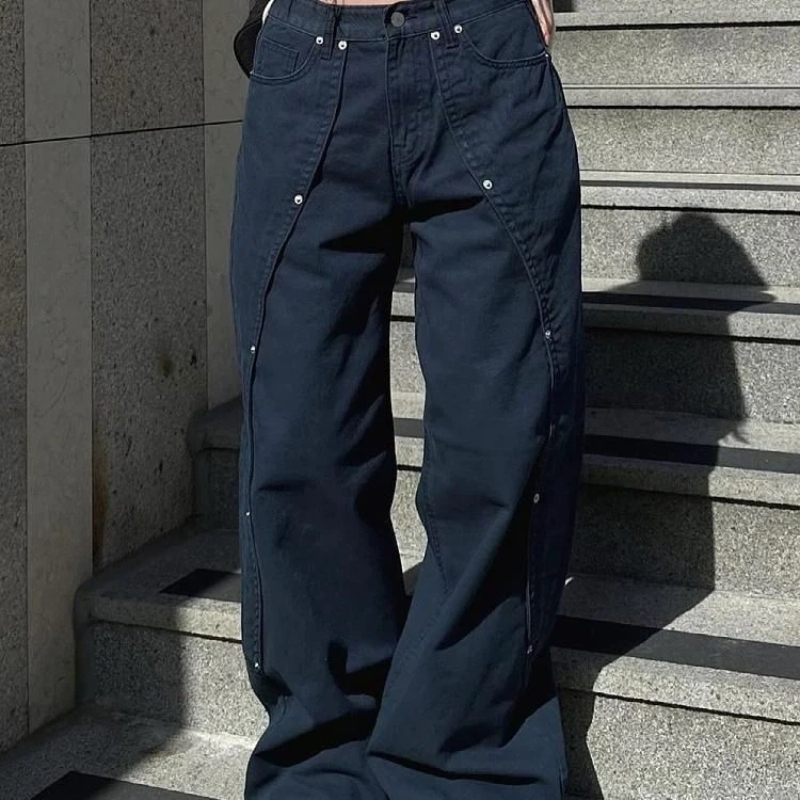Jean pour femme Y2k, vêtements décontractés, coupe ample, pantalon à jambes larges, Style rétro américain Vintage avec rivets, Patchwork, Design fendu