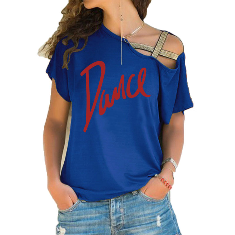 Femmes T-shirt ample Slash cou T-shirt dames décontracté lettre danse T-shirt été décontracté irrégulier biais croix pansement hauts T-shirt