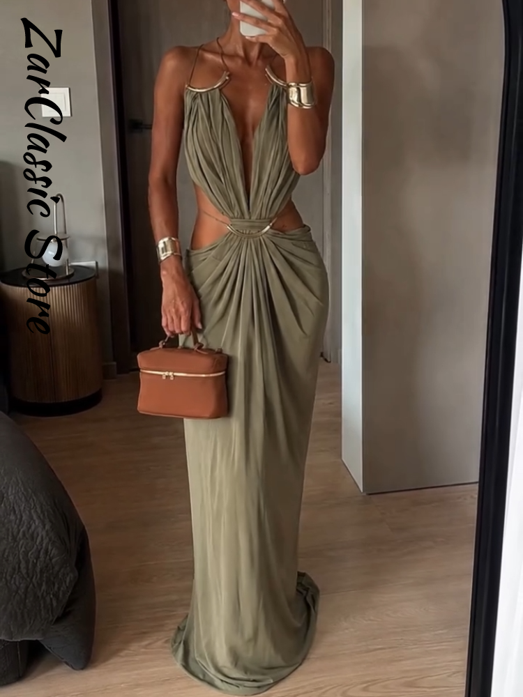 Robe de soirée décontractée longue pour femme, sans manches, col en V, dos nu, à bretelles, vert été, nouvelle mode, pour la plage et les vacances 2026