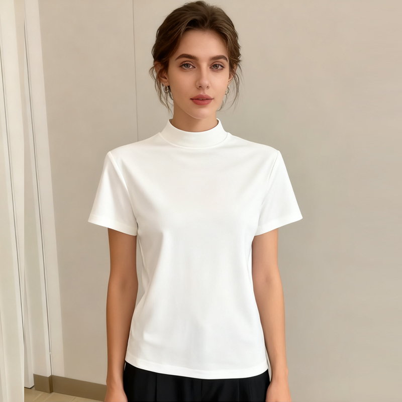 T-shirt manches courtes femme, décontracté, couleur unie, Slim Fit, élégant, basique, col mi-haut, Simple, été