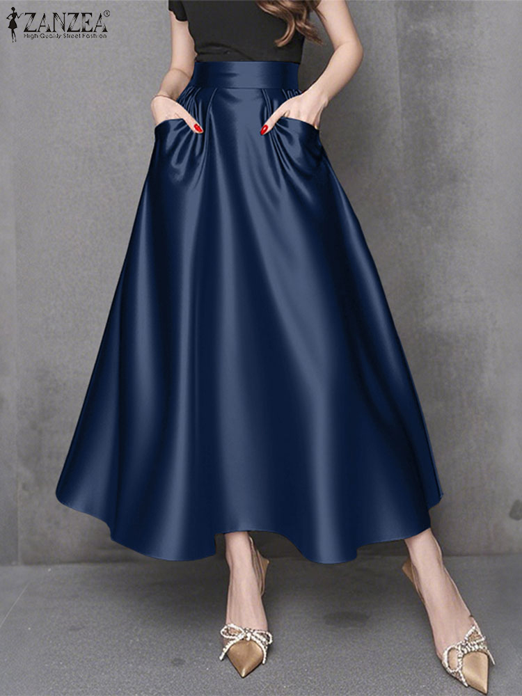 Femmes élégantes Maxi jupes longues 2025 ZANZEA élégant fête Satin Jupe été taille haute vacances Robe solide a-ligne travail Faldas Saia